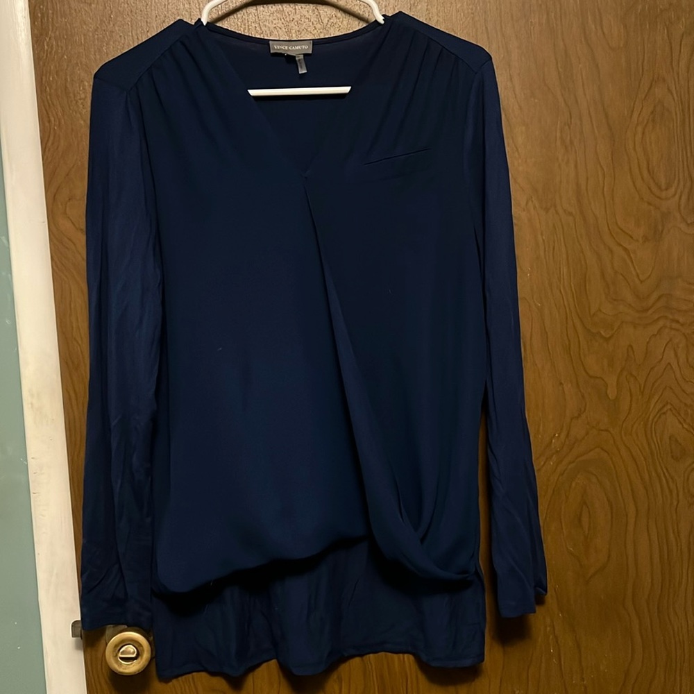 Vince Camuto blue long sleeve faux wrap blouse size PM